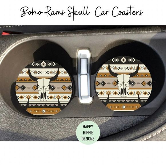 Boho Rams Skull Car Coasters 2 Pack - Picture 1 of 4